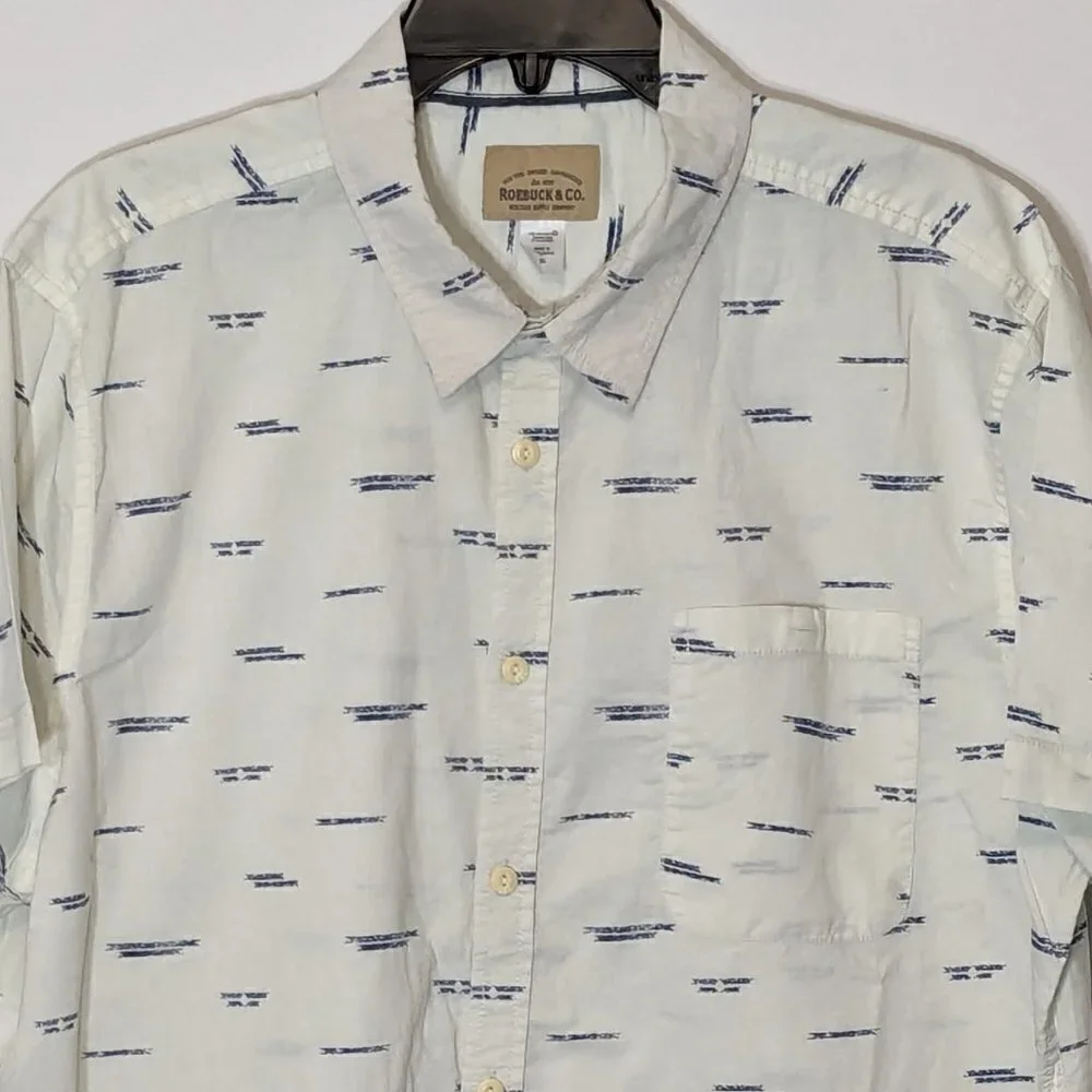 Men's Vtg ROEBUCK & CO., Short Sleeve, White/Blue, Cotton Button Shirt; Size 2XL